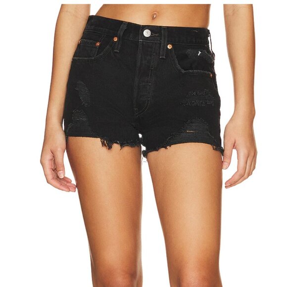 Levi's 501 Cut Off Denim Shorts Womens 24 Black Button Fly High Rise Raw Hem - Picture 13 of 13